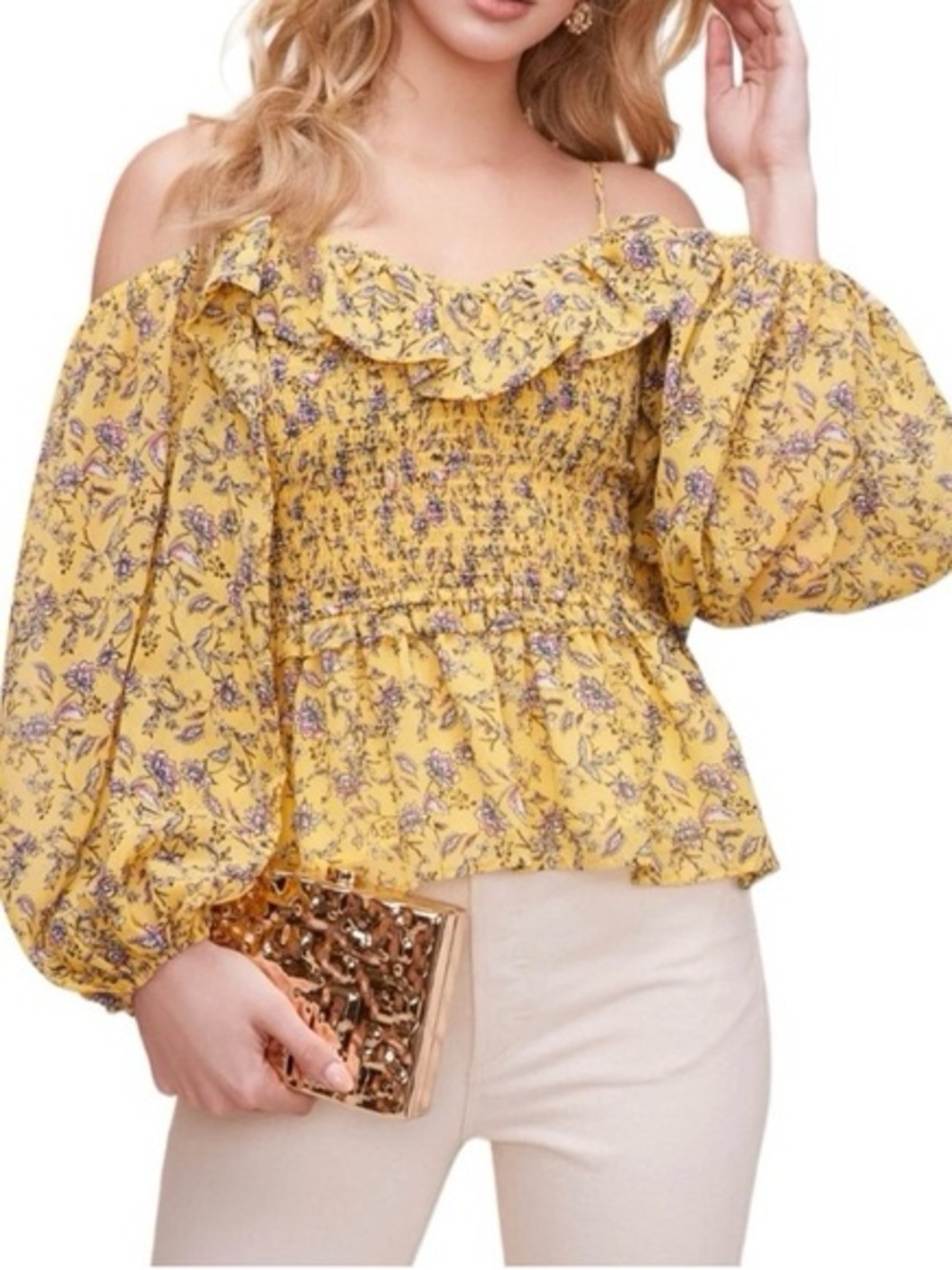 ASTR the Label Yellow Floral Off Shoulder Smocked Blouse L 57267